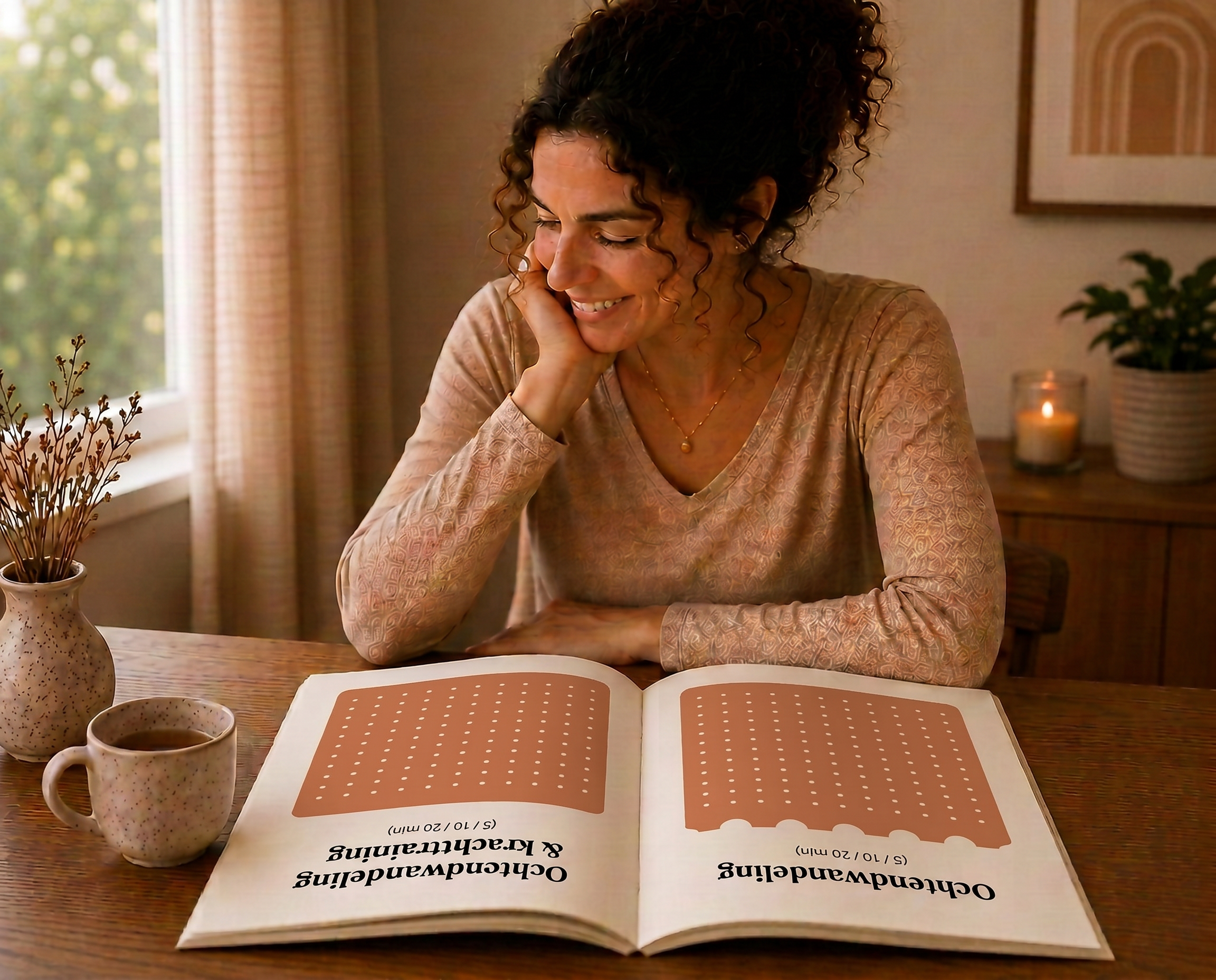 Vrouw met het opengeslagen Habit Tracker werkboek aan tafel